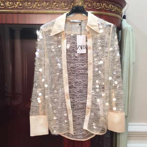Zara Sequin Button Down semi sheer Cream Shirt Top sz.XS - Picture 4 of 16